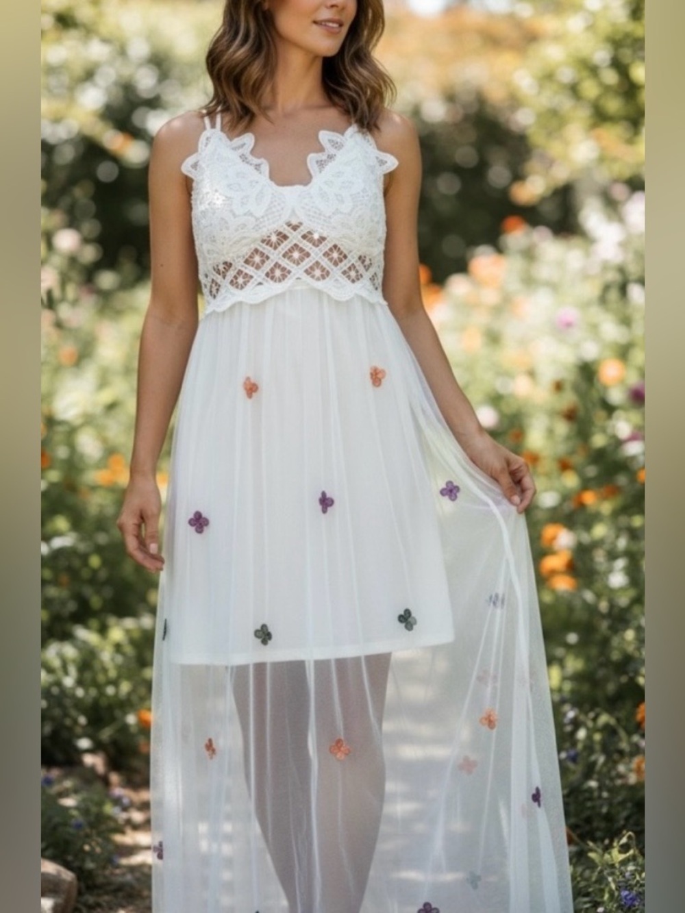 Rebellion Again Women’s White Lace Floral Embroidered Maxi Dress Size L
